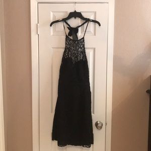 Lace overlay black cocktail dress